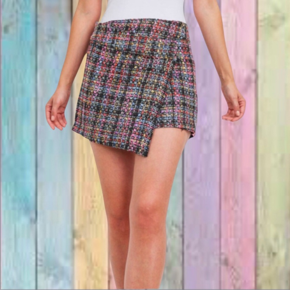 Blush Noir Black Pink Purple Blue Multicolor Tweed Wrap Skirt NWT